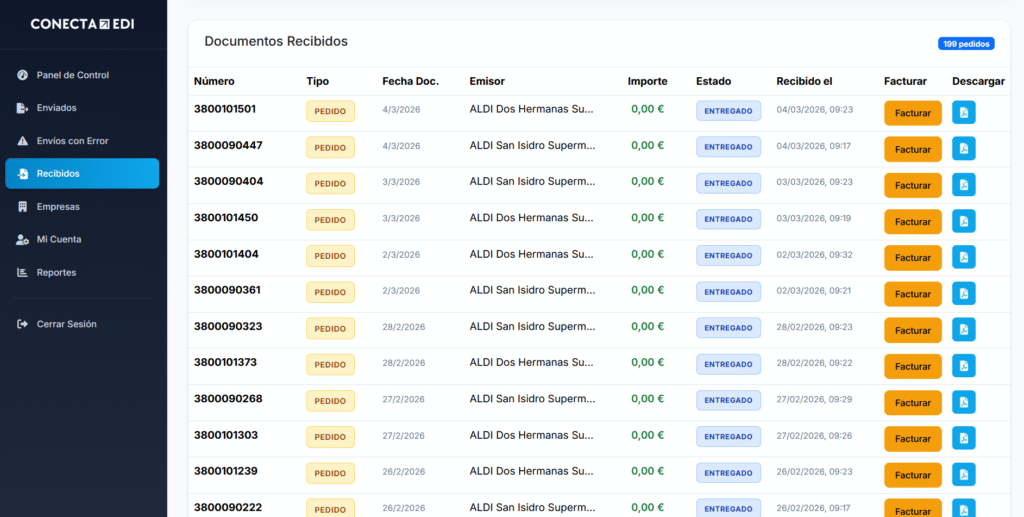 Pantalla de documentos recibidos de Conecta EDI.