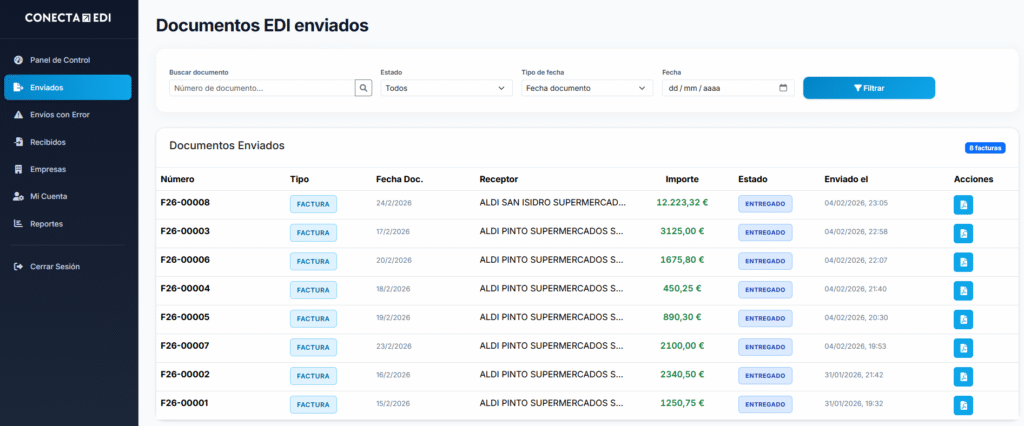 Pantalla de documentos enviados de Conecta EDI