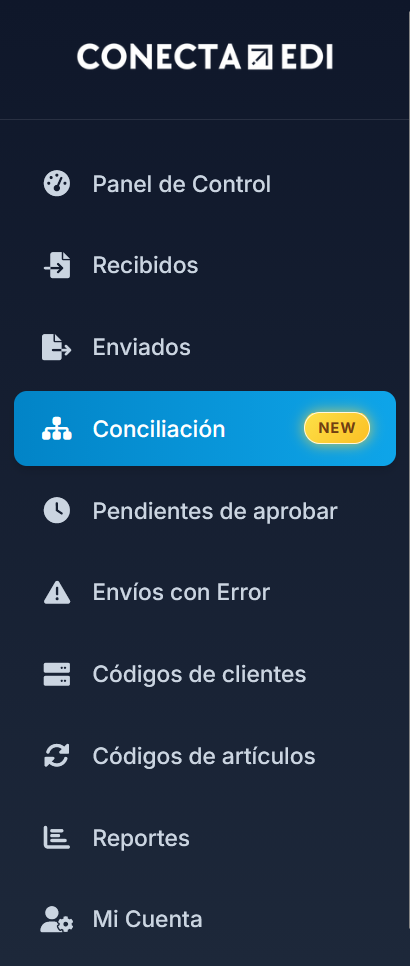 Menú lateral del portal Conecta EDI con la nueva sección Conciliación